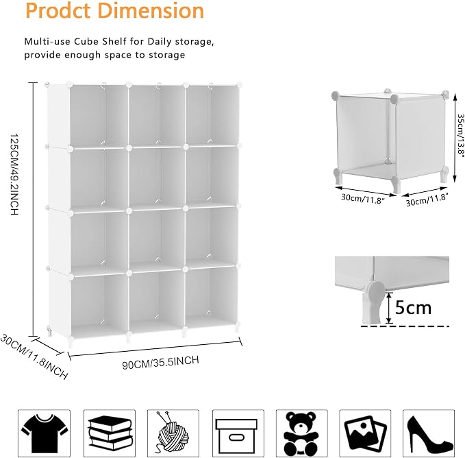 AWTATOS 12 Cube Storage Organizer, Closet Organizer Storage Shelves, White | Portable Closet Organizers, DIY Stackable Storage Cubes Shelves Bookshelf, Plastic Clothes Shelving for Home, Bedroom - Image 3