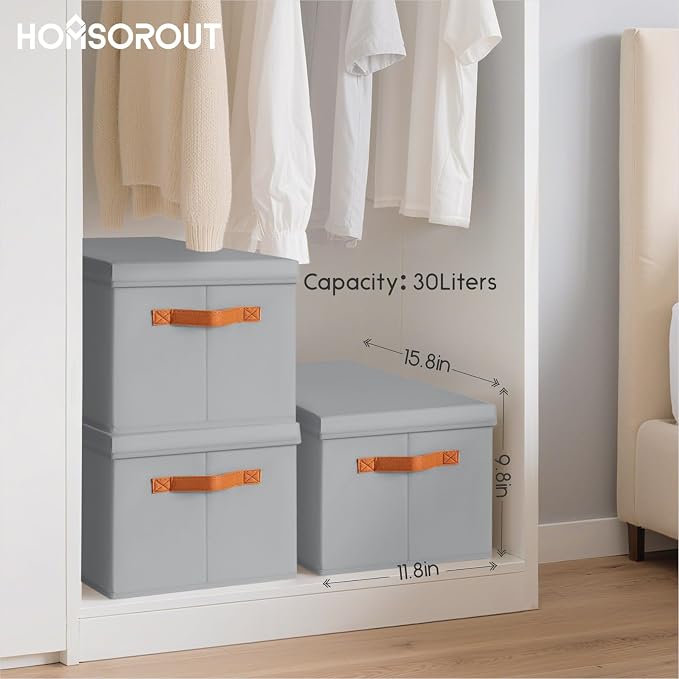 Storage Bins with Lids - Large Fabric Closet Bins with Lid, 6 Pack Clothes Organizers and Storage, Collapsible Stackable Cube Basket for Home, Office, Dorm, Grey - Image 7