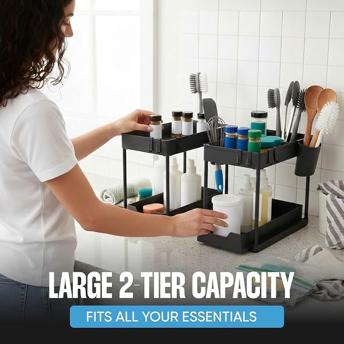 Undersink Organizer, 2-Tier Under Sink Storage Rack with Sliding Drawers for Kitchen Bathroom Cabinets, Pull Out Organizer for Pantry, Laundry Room & Closet Organization - 2 Pack, Black - Image 6