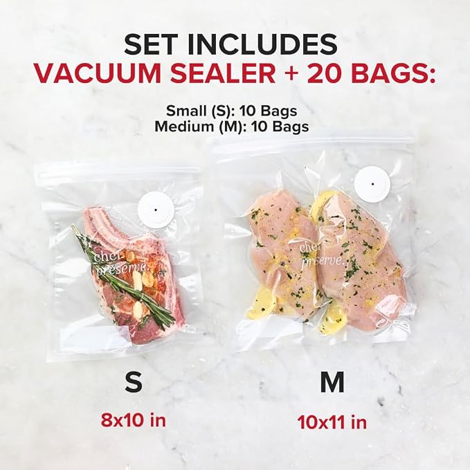 Chef Preserve Compact Vacuum Sealer for Food (Vacuum Sealer Machine + 20 Reusable Vacuum Bags) Powerful Handheld Vacuum Sealer Machine, Seal Meal Saver, Portable Food Sealer - Image 3