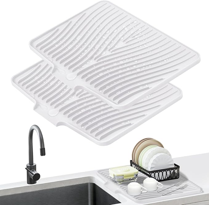 TIKNIK Silicone Dish Drying Mat for Kitchen Counter, White-2pcs, 16" x 12" | Heat Resistant & Non-Slip Dish Drain Pad with Built-In Drain, Dishwasher Safe, Quick-Dry, Hangable & Roll-Up for Storage by TIKNIKHomeOutdoor