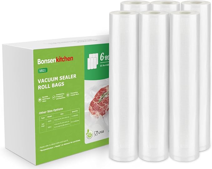 Bonsenkitchen 6 Rolls 11" x 16' Vacuum Sealer Bags for Food with Color Box | Commercial Grade, Food Storage or Sous Vide, Heavy Duty Vacuum Sealer Bags Rolls,BPA-free & Food-Grade Safe Material, VB21 by Bonsenkitchen