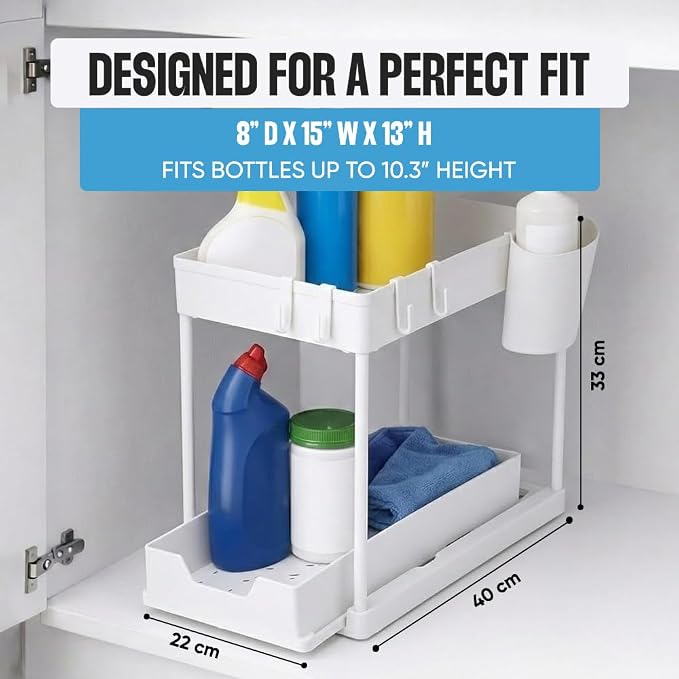 Undersink Organizer, 2-Tier Under Sink Storage Rack with Sliding Drawers for Kitchen Bathroom Cabinets, Pull Out Organizer for Pantry, Laundry Room & Closet Organization - 1 Pack, White - Image 2
