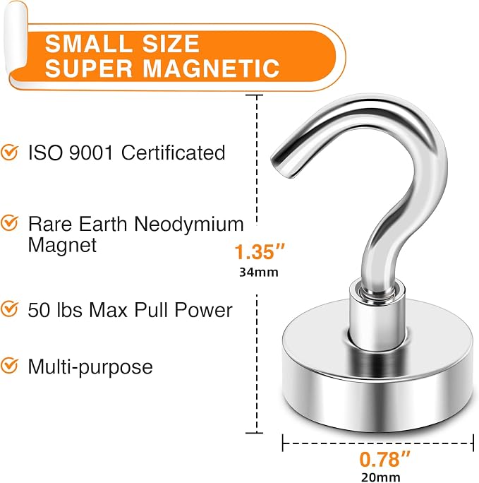 Magnetic Hooks Heavy Duty 50 Lbs Magnet with Hook for Cruise Cabins | Strong Magnets Neodymium for Hanging Magnetic Wall Hooks for Refrigerator Locker Decoration Workplace 10Pack Silver - Image 3