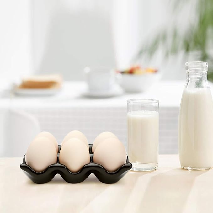 Flexzion Porcelain Egg Crate - 6-Egg Capacity Ceramic Egg Tray, Half Dozen Egg Holder for Fridge, Countertop Display - Black Decorative Serving Dish and Storage Organizer, 2 Pack - Image 4