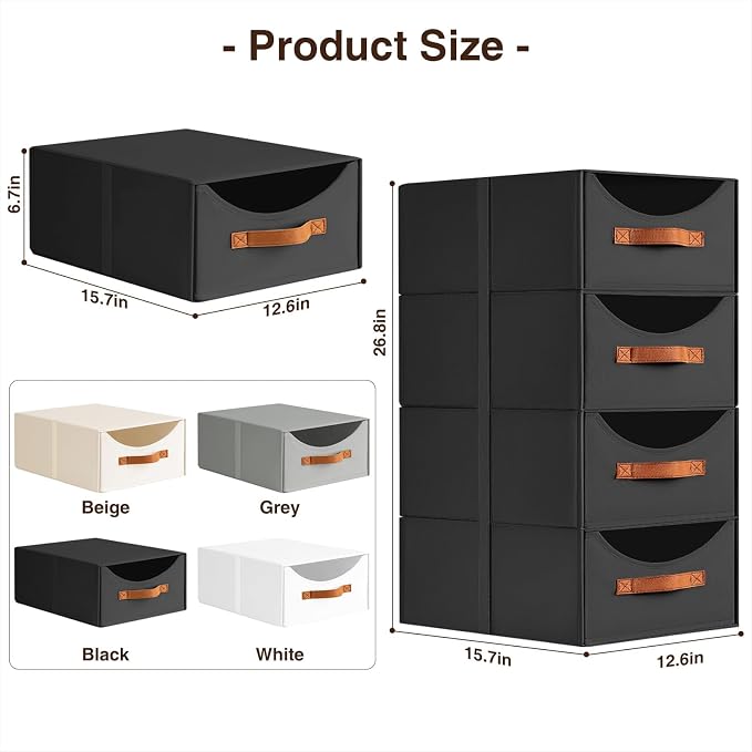 Closet Organizers and Storage - Large Stackable Storage Bins with Drawer, Fabric Bins for Organization, Collapsible Storage Drawers Organizer for Bedroom, Living Room, 4 Pack, Black - Image 3