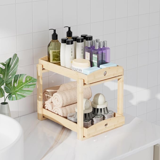 2 Pack Bamboo Under Sink Organizer, 2-Tier Pull-Out Drawers, Kitchen & Bath | Pull-out drawers keep cleaners and tall bottles visible, organized and easy to reach in kitchen or bathroom cabinets - Image 5