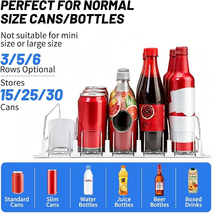 Drink Organizer for Fridge,5 Row Self-Pushing Soda Can Organizer for Refrigerator, Adjustable Can Dispenser for Fridge, Fits 12oz, 16oz & 20oz Cans, Holds Up to 25 Cans - Image 3