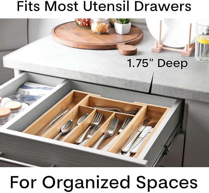 HIC Kitchen Expandable 6-Slot Silverware Cutlery Utensil Storage Tray, Natural Bamboo, Opens to 14-Inches - Image 4