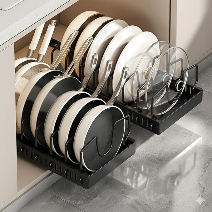 pots and pans organizer under cabinet,pot lid organizers inside cabinet holders for kitchen,Horizontal and vertical pulling modes,cast iron storage (Black Vertical pull-out) by Unknown