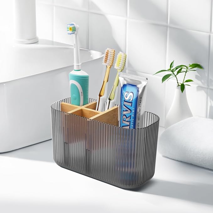 GFWARE Clear Acrylic Toothbrush Holder, 5 Slots Bathroom Storage Organizer | Bamboo Toothbrush Holder, Kids Electric Toothbrush Holder and Toothpaste Storage for Bathroom Caddy Decor - Image 7