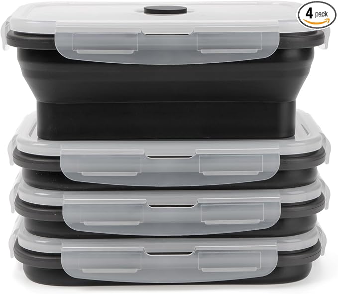 Collapsible Silicone Food Storage Containers Set with Lid & Air Vent,Foldable Lunch Containers(4PCS,Black,27oz) by SiliseaDirect