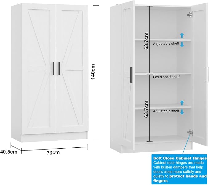 Wooden Storage Cabinet, Collection Food Pantry Narrow Cabinet Free Standing with 2 Doors and 3 Shelves Tool Cabinet, for Kitchens, Living Room, Utility Rooms (White) - Image 3