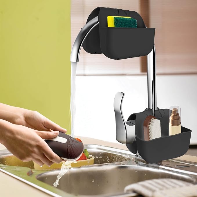 Sponge Holder for Kitchen Sink, Silicone Sink Saddle Caddy Organizer Rack, Sponges Holder Over Faucet, Hanging Kitchen Organizer Accessories Rack Basket Black - Image 7