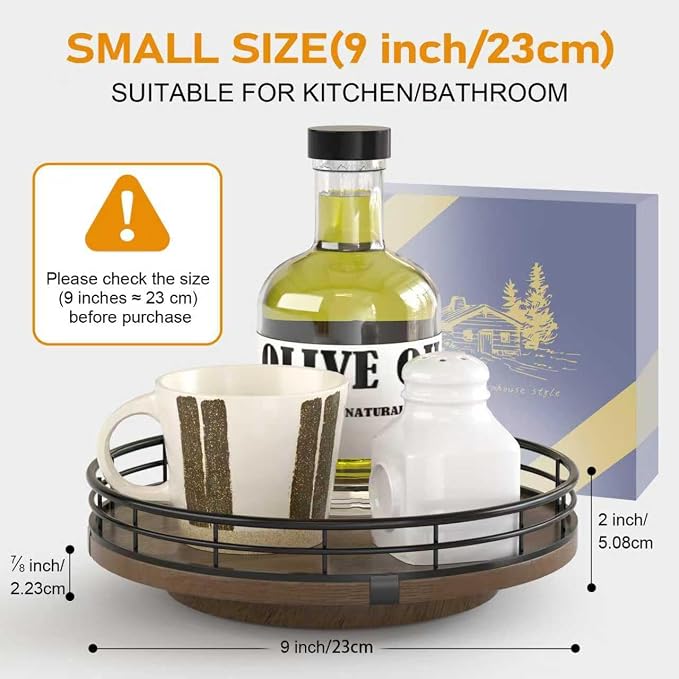 AMH 9-Inch Farmhouse Oak Lazy Susan Cabinet Organizer, Walnut Finish | Smooth rotating oak tray with walnut finish for dining tables, kitchen counters, pantries and cabinet storage. - Image 4