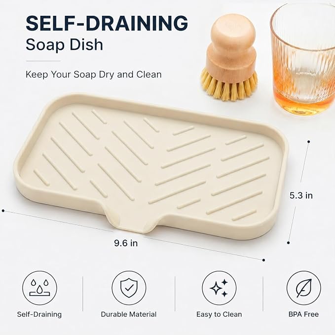 MicoYang Silicone Soap Dish with Drain Spout — Self-Draining Sink Organizer Tray for Bathroom & Kitchen, Sponges, Dispensers & Soap Holder, Non-Slip & Dishwasher Safe, Tapioca (Medium, 9.6"×5.3") - Image 2