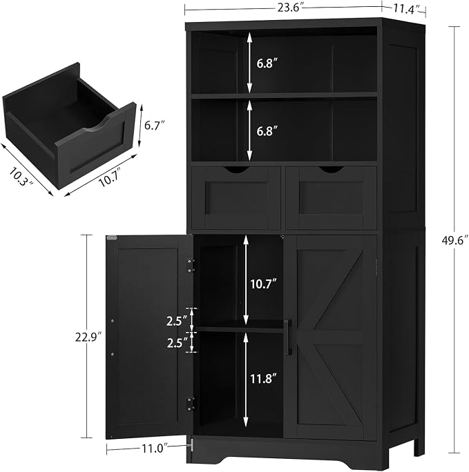 Storage Cabinet with Doors & 2 Drawers, Kitchen Cabinet with Adjustable Shelf, Pantry Cabinets, Bathroom Cabinets, for Living Room, Entryway, Home Office, Black - Image 3