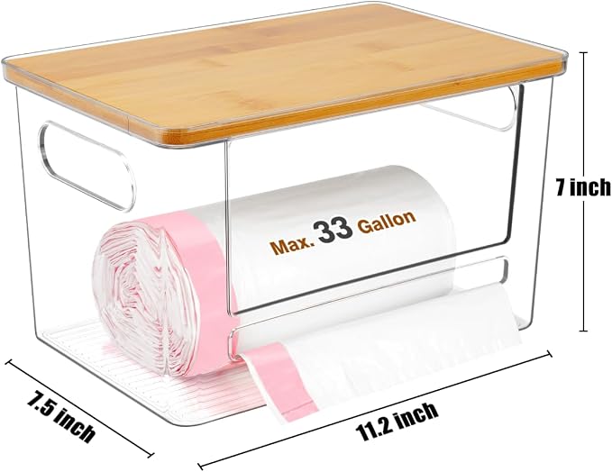 Trash Bag Dispenser 2 Pack - Under Sink Organizer, Plastic Bag Holder | Stackable Acrylic Garbage Bag Storage with Bamboo Lid for Kitchen Cabinet, 13/30/33 Gallon Grocery Bag Dispenser - Image 8