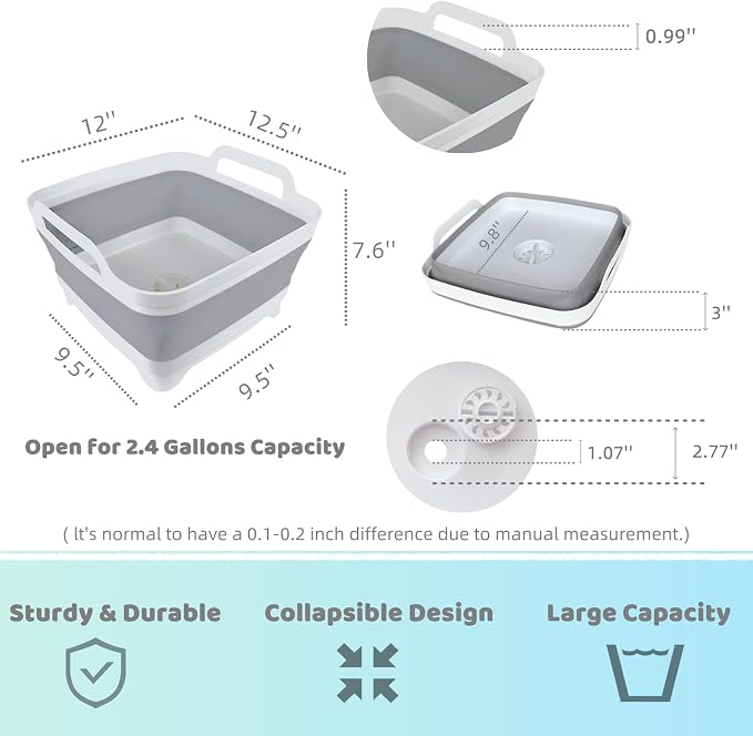 Collapsible Wash Basin with Drain Plug - 2.4 Gallon Foldable Kitchen Sink for Baby Bottles, RV Camping, Space-Saving Dish Tub (Gray-Pink) - Image 3