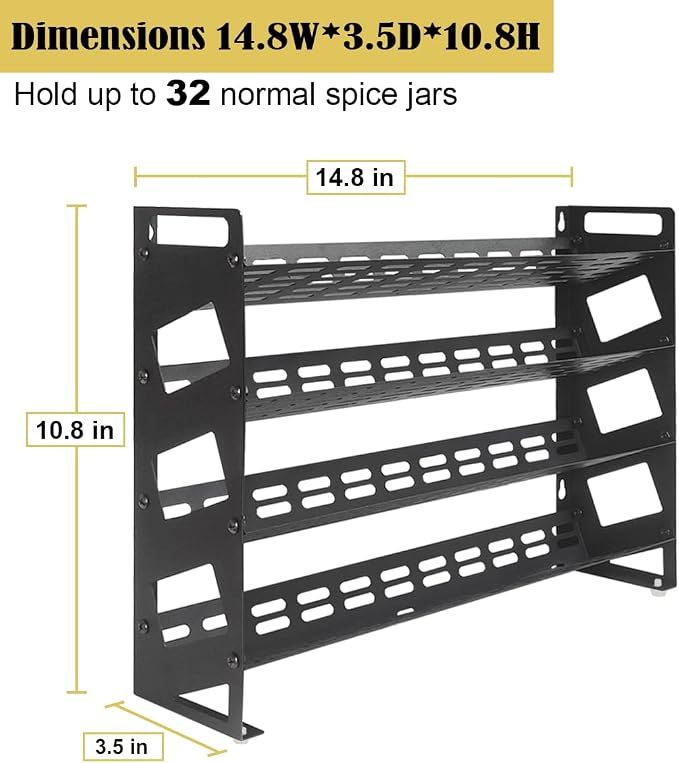 4 Tier Spice Rack Organizer with 32 Square Spice Jars and 160 Spice Labels Set for Kitchen Cabinet Countertop Pantry or Wall Mount, Matte Black - Image 4