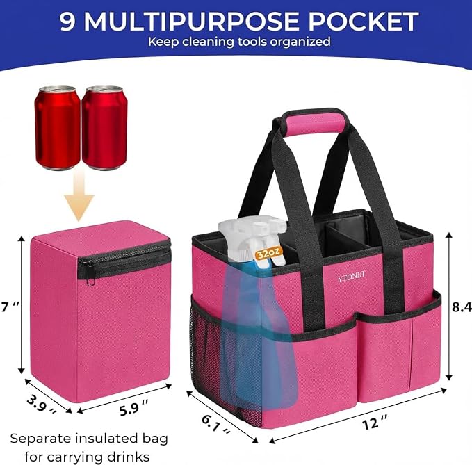 Ytonet Portable Cleaning Caddy with Handle, Water Resistant Cleaning Bag | with Handle & Foldable Divider for Cleaners, Housekeeping Tote for Kitchen & Bathroom, Car Tool Caddy Organizer Bag, Rosered - Image 3