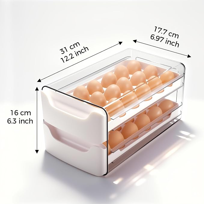 Egg-Holder for Fridge, Fits Small to Large Eggs, White | 36 Egg-Storage for Refrigerator Countertop, 2 Tier Dispenser with Drawer, Stackable Clear Egg Tray Container - Image 2