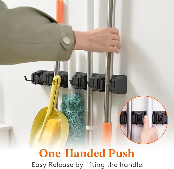 Lifewit Mop and Broom Holder Organzier Wall Hanging Mount, Black, 2 Pack | Anti-Slip Broom Storage for Cleaning Organizer, Easy Install Tool Hanging Rack with 5 slots & 6 hooks for Kitchen, Garage - Image 3