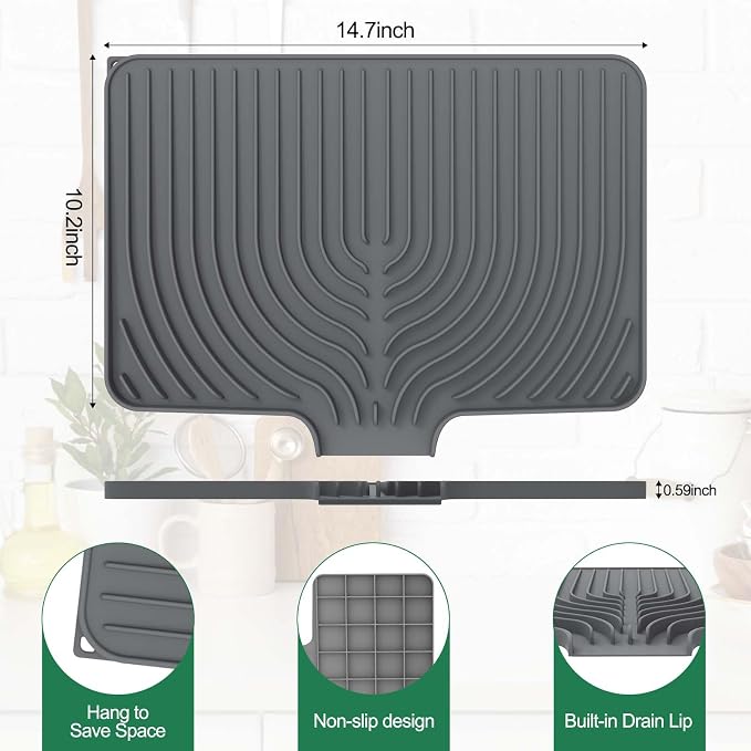 GUUKIN Dish Drying Mat, 14.7"x10.2" Drying Matt Kitchen Counter, Non-Slip Drying Pad, Easy Clean Pad for Countertop Protection, Multi-Functional Use (Grey) - Image 2