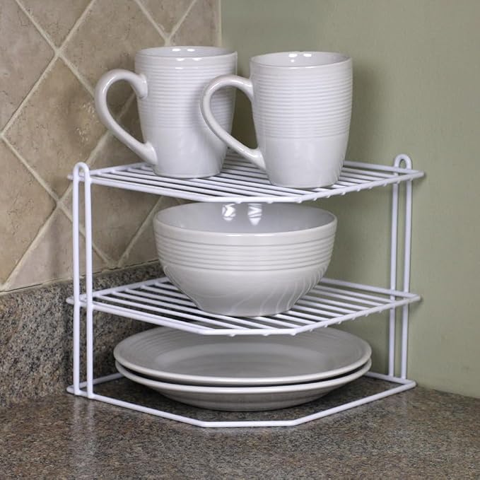 Home Basics Corner Rack, White, Vinyl Coated Steel, Rust Resistant, 2-Tier Shelf, Keeps Spices and Cups Organized, 9x9x8.5in - Image 6