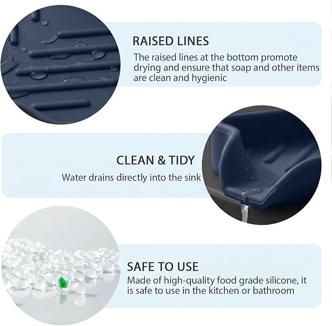 MicoYang Silicone Soap Dish with Drain Spout, Self-Draining Sink Organizer Tray for Bathroom and Kitchen, Sponges, Dispensers & Soap Holder, Non-Slip & Dishwasher Safe, Navy Blue (Compact, 4.9"×3.2") - Image 8