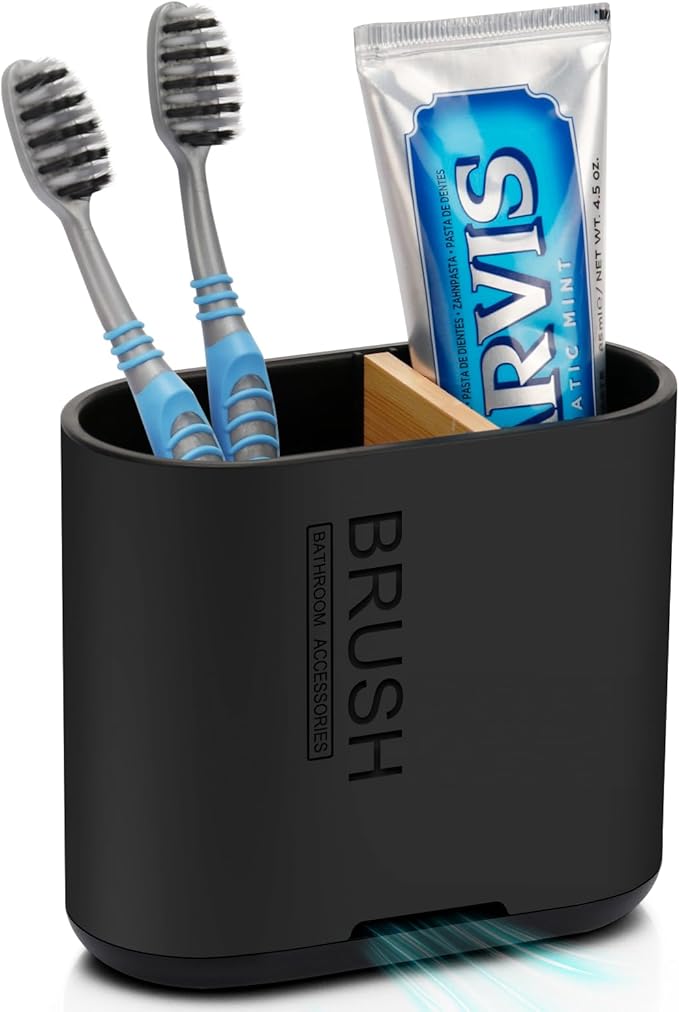 Bamboo Toothbrush Holder for Bathrooms Toothpaste Organizer, Small, Black | 2 Slots, Easy to Clean, Plastic, Kids Electric Toothbrush, Drainage, Removable, For Bathroom, Vanity, Kitchen Sink, Office by Chintu