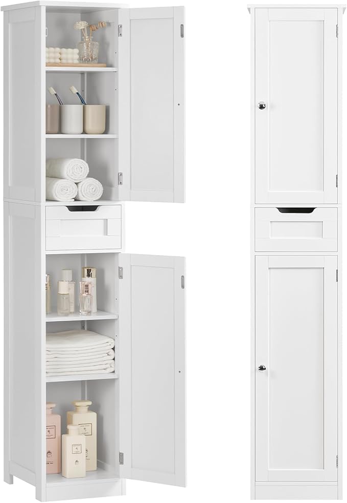 Iwell Tall Bathroom Cabinet, Slim Narrow Bathroom Storage Cabinet with Adjustable Shelves, Storage Cabinets with 1 Drawer, for Bathroom, Living Room, Entryway, Kitchen, White by IWELL