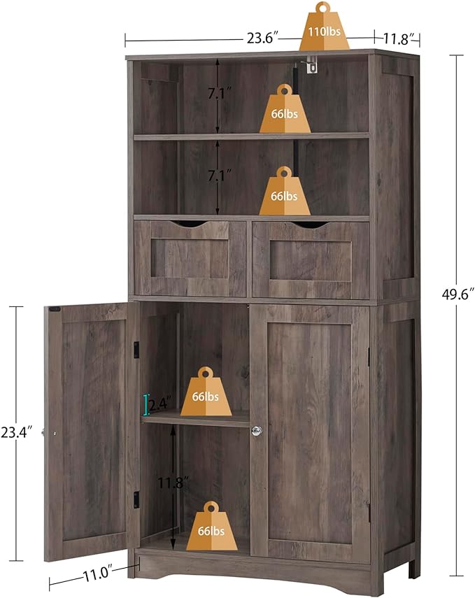 Iwell Tall Storage Cabinet with 2 Drawers & Adjustable Shelf, Bathroom Cabinet with Doors, Kitchen Pantry Storage Cabinets, Cupboard for Living Room, Dining Room, Entryway, Rustic Gray - Image 3