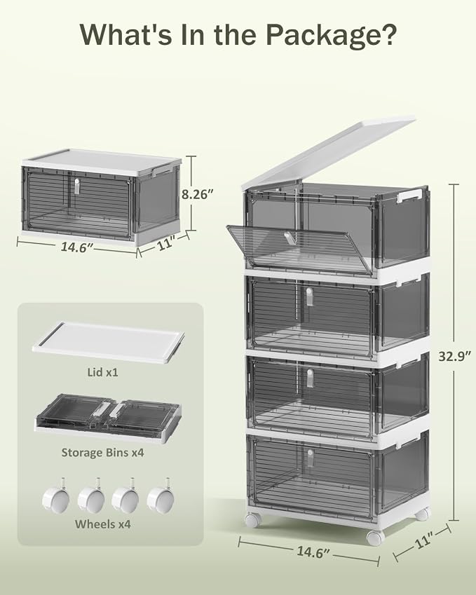 23QT Stackable Storage Bins with Lids and Wheels, 4 Tier 92QT Foldable Plastic Storage Drawers with Magnetic Doors, 4 Pack Collapsible Closet Organizer for Bedroom Office, Clear Gray - Image 8