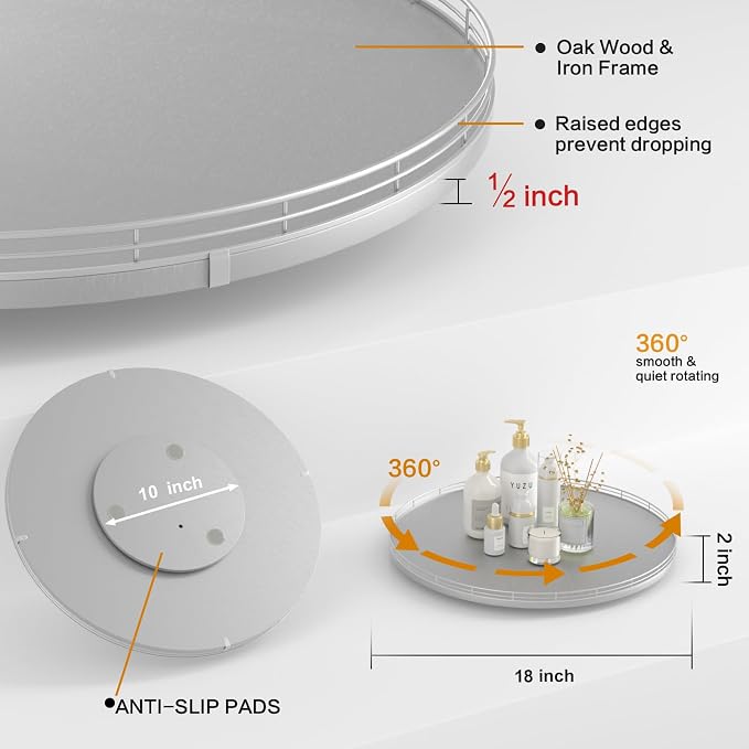 Oroyutor 18-Inch Oak Lazy Susan Organizer with Silver Iron Rail | Oak wood base, silver iron rail and smooth 360-degree rotation for dining tables, kitchen counters and spice storage. - Image 6