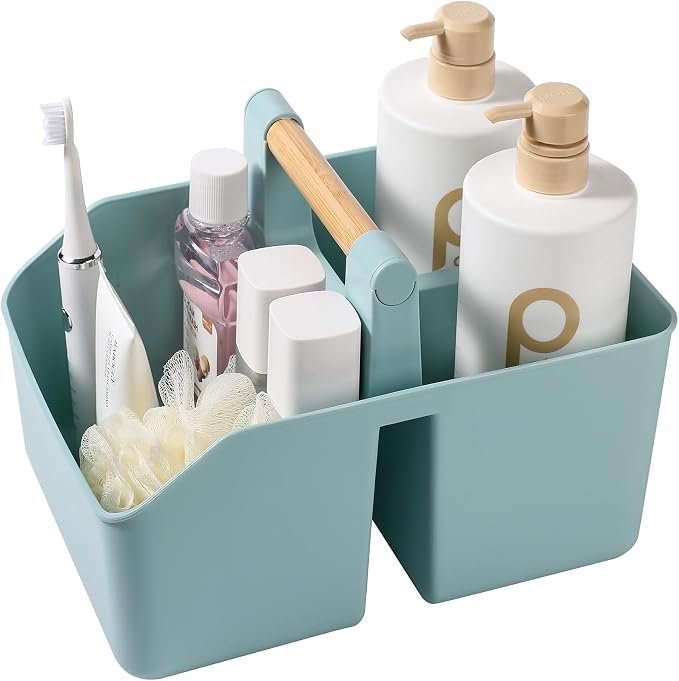 rejomiik Plastic Shower Caddy, Portable Basket with Bamboo Handle, Blue | Cleaning Caddy Organizer Tote for Bathroom, College Dorm Essentials, Bath Toy Storage, Cleaning Supplies by rejomiik