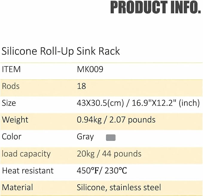 Roll Up Dish Drying Rack,Silicone-Coated Steel,16.9 x12.2 in | Over-sink rack,18 silicone-coated stainless steel rods,44lb capacity,450°F heat resistance,roll-up storage - Image 7