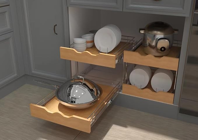 DINDON 2 Tier Pull Out Cabinet Organizer (14" W x 21" D) Slide Out Wood Shelf Double Tier Kitchen Wire Basket with Chrome Finish… - Image 8
