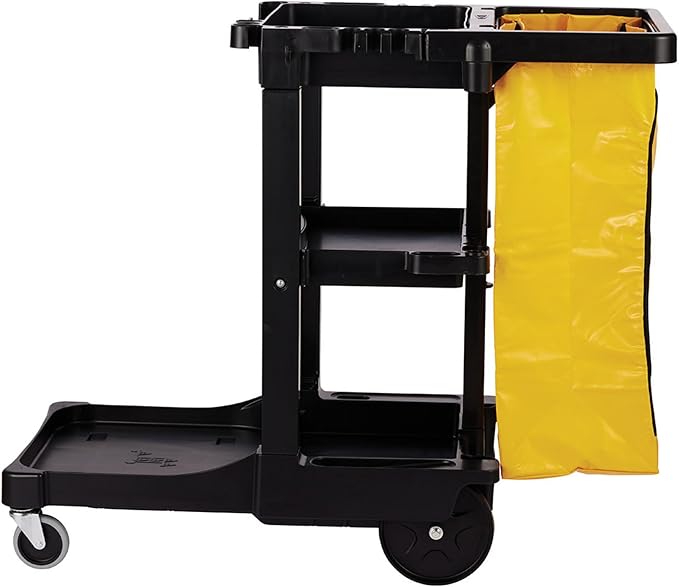 Rubbermaid Commercial Traditional Janitorial 3-Shelf Cleaning Cart, Wheeled with Zippered Yellow Vinyl Bag, for Business/School/Office/Janatorial Cleaning - Image 2