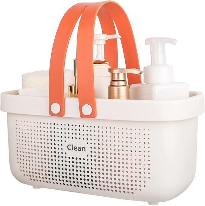 JiatuA Plastic Storage Basket with Handle Portable Shower Caddy Tote Organizer Basket Bin for Bathroom Kitchen Dorm Room Bedroom, White | Sturdy Drainage Large Capacity Organizer Basket with Silicone Handles for Bathroom Kitchen Bedroom College Dorm Es... by JiatuA