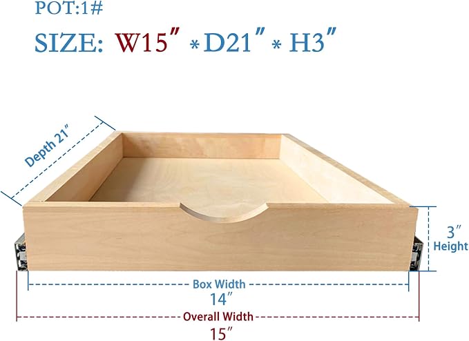 Kitchen Cabinet Organizer, Fully Assembled Drawer Wood Pull Out Tray Drawer Box Cabinet Slide Out Shelve, Wooden Pull-Out Shelf (W15''×D21''×H3'') - Image 2
