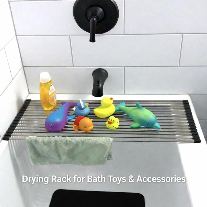 28" Bathtub Drying Rack for Bath Toys, Over-the-Tub Roll-Up Shelf & Tray | Fits tub openings up to 28 in. wide; measure first. Fast-draining, non-slip silicone tips; holds toys, cups & washcloths - Image 6