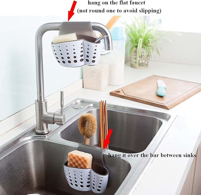 Kitchen Sink Caddy Sponge Holder, Saddle Faucet Organizer | Plastic Fitting Most Sink Rims, Removable Drain Basket Holding Sponges, Brushes & Stoppers Dry to Tidy Kitchen Sinks - Image 5