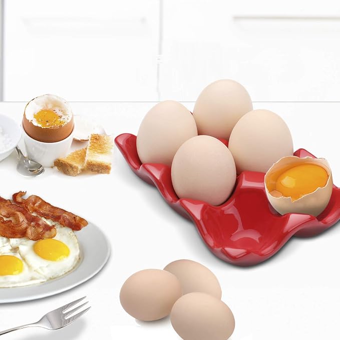 Flexzion Ceramic Egg Tray - 6 Egg Capacity Half Dozen Holder, Red Decorative Serving Dish and Storage Organizer, 2 Pack - Image 3