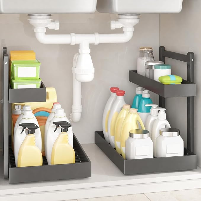 Bamboo Under Sink Organizer, 2-Tier Pull Out Cabinet Organizer | Kitchen Sink Organizer | Bathroom Cabinet Organizer | Cleaning Supply Storage | L-Shape | 3-Level Adjustable | Natural Bamboo - Image 2