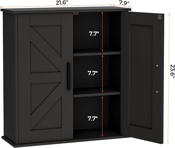 Homleke Bathroom Wall Cabinet, Medicine Cabinet with Adjustable Shelves | 3-Tier Wall Mounted Over Toilet Storage with Barn Doors, for Bathroom, Kitchen, Entryway, Laundry Room, Black, (7.9" D) - Image 3