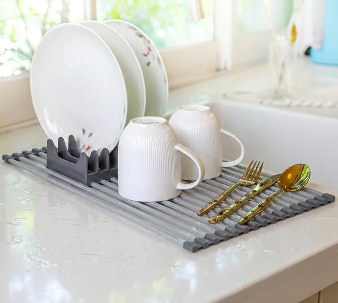 Medium Aluminum Roll Up Dish Drying Rack 17" x 13" with Dish Holder | Square aluminum bars, Available in 3 sizes & 2 colors, Rolls up for easy storage, Removable dish holder, Heat resistant - Image 9