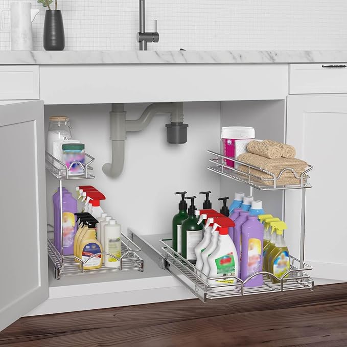OCG Under Sink Cabinet Organizer Two Tier Pull Out Shelf (14.75W x 21D), Under Sink Sliding Shelf for Kitchen Bathroom Cabinet 2 Tier Chrome - Image 2