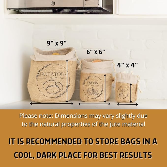 Potato Storage Bag | Natural Jute Potato Onion Garlic Storage Set for Pantry | Breathable & Fresh Onion Potato Storage | Easy to Clean Potato and Onion Storage Bag | Air Flow, Light Blocking - Image 9