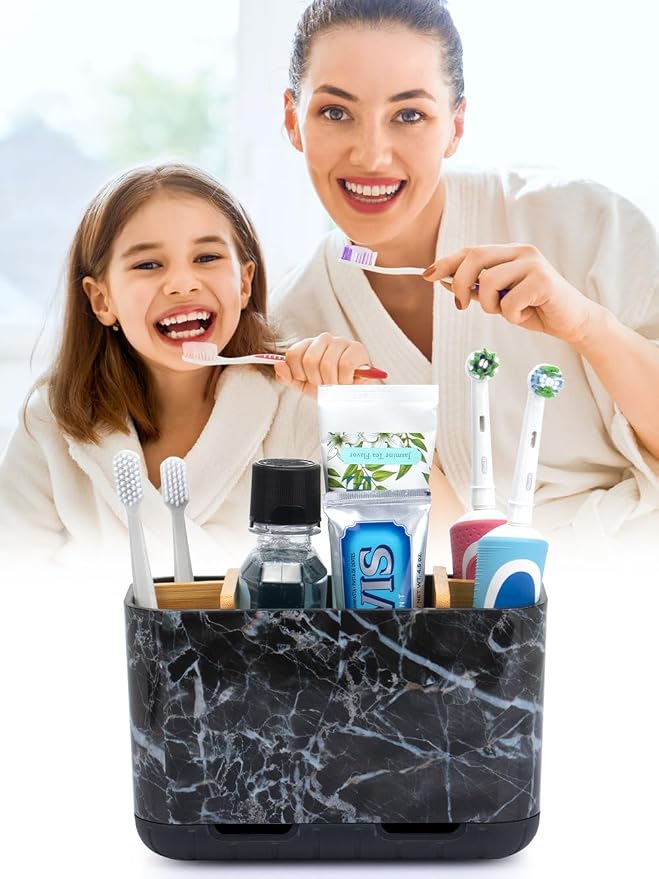 GFWARE Marble Toothbrush Holders with Drainage, Bathroom Organizer, Large | 5 Slots Toothbrush and Toothpaste Holder with Bamboo Divider, Kids Electric Toothbrush Holder for Bathroom, Marble-Look - Image 3